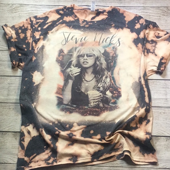 Hand Crafted Tops - Hand Bleached Stevie Nicks Gray Unisex Band Shirt